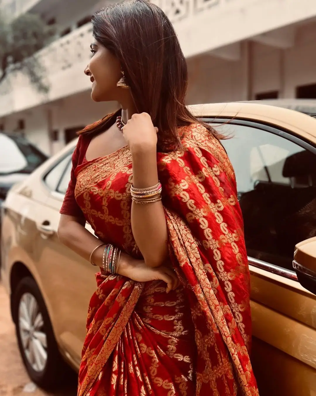 Vasanthi Krishnan Wearing Traditional Red Saree Blouse